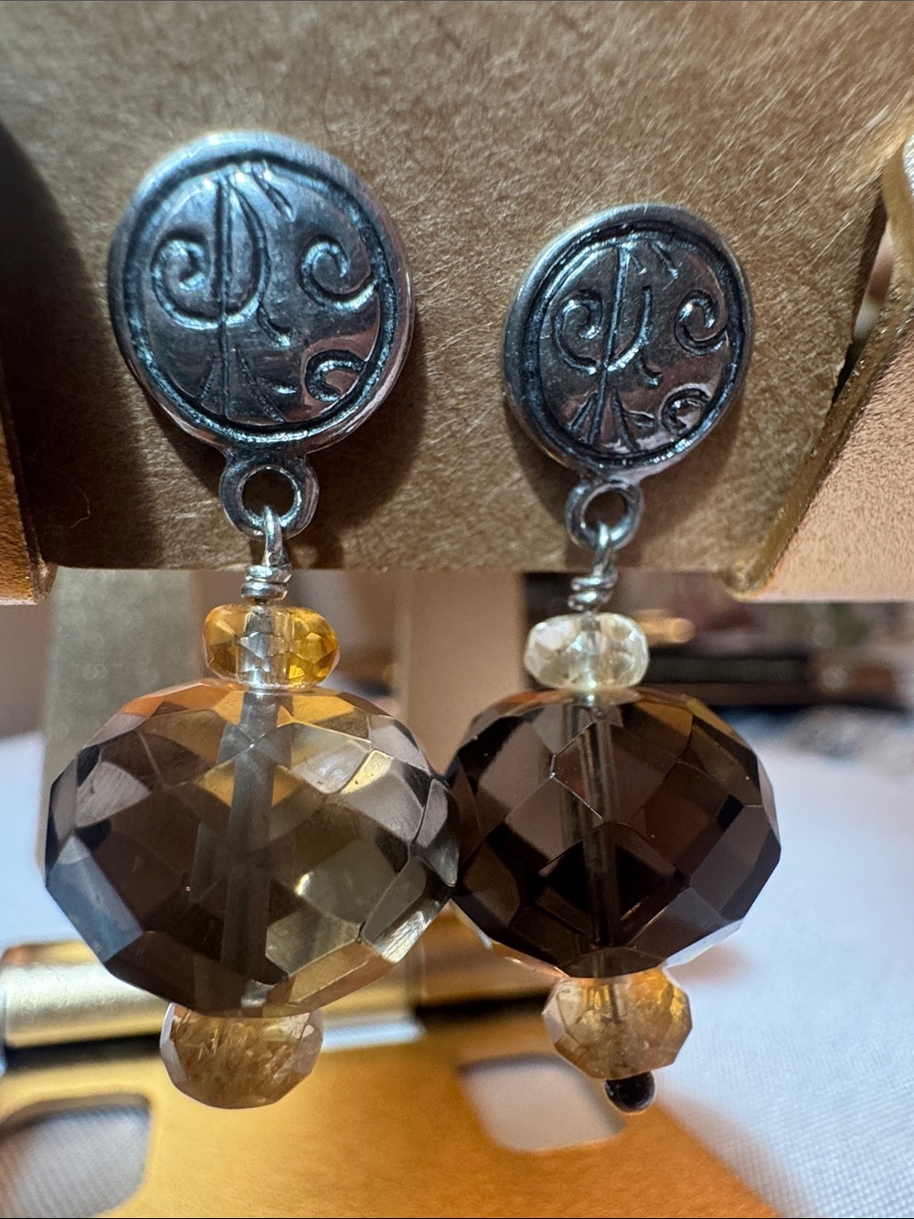 Silpada Sterling Silver Scroll Top Smoky Brown Faceted Bead Dangle Earrings